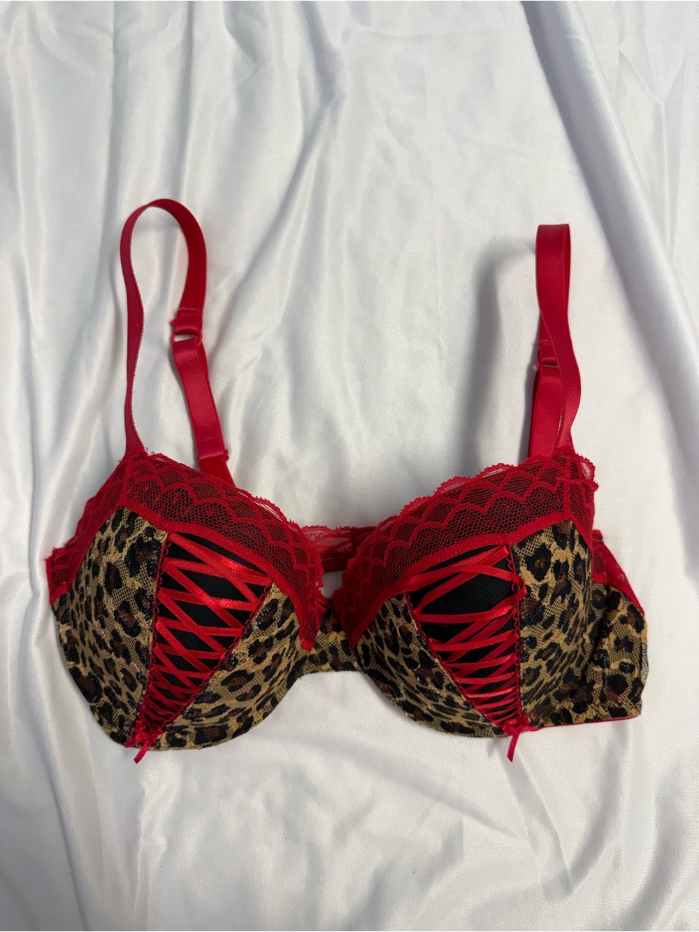Jezebel Red and Leopard Lace-Up Corset Bra
